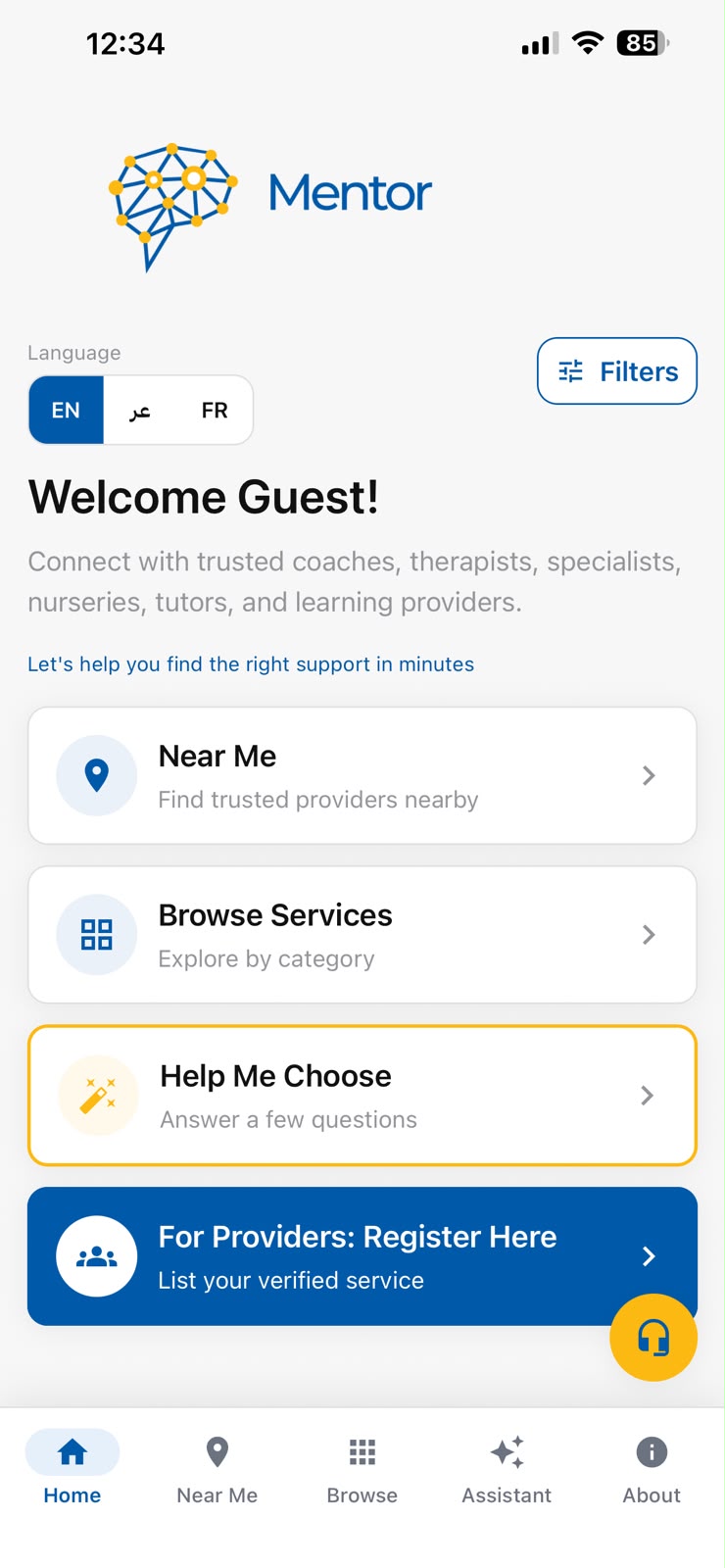 Mentor App home screen showing Near Me, Browse Services, Help Me Choose and provider registration